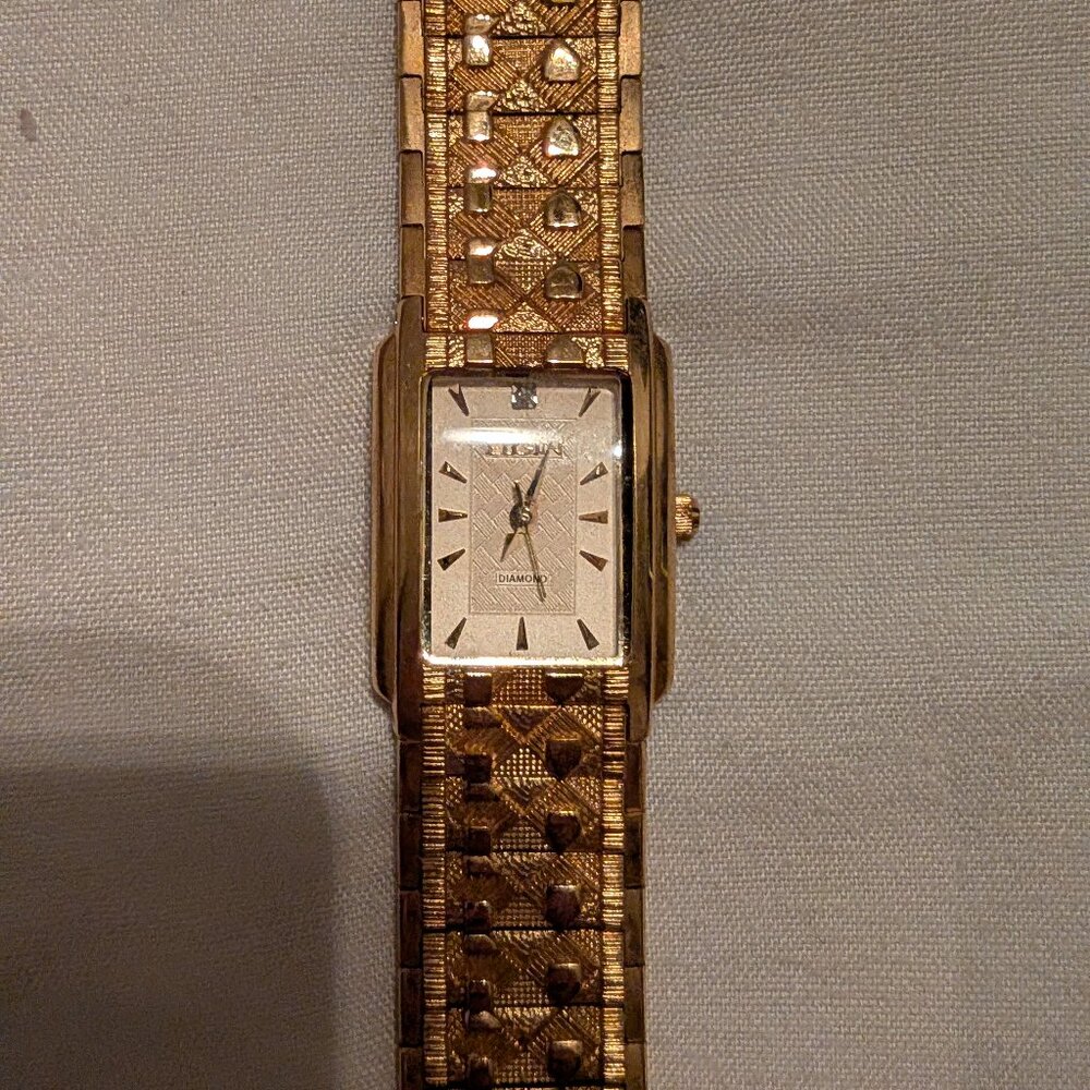 Elgin Gold Tone Diamond Accent Tank Quartz Watch
